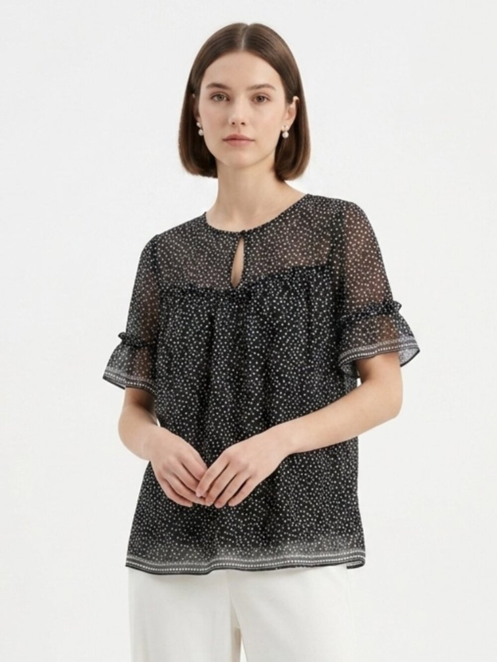 Max Studio Blouse Black Polka Dot Mesh Sheer Coquette L